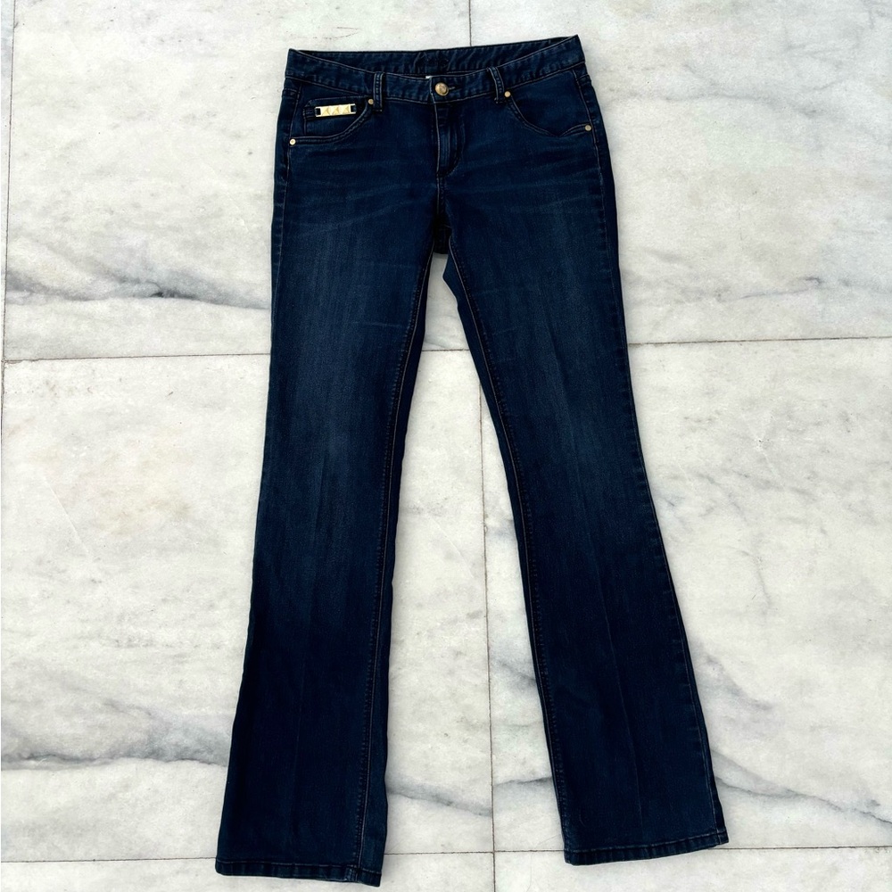 Y2K VTG Cache Jeans Low Rise Bootcut Blue Dark Wash Studded Womens 6 Boho Baddie